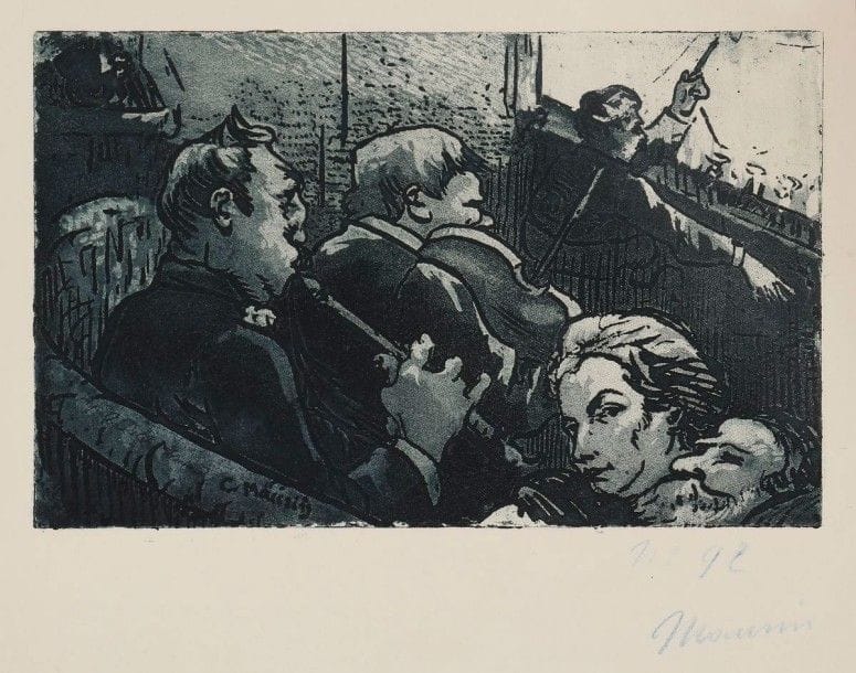 CHARLES MAURIN (1856-1914)

L'Orchestre, ou La Fosse d'orchestre. 1893. Eau-forte et aquatinte. 219 x 135. Gounot 59. Impression en bleu. Très belle et fraîche épreuve sur vélin crème, numérotée et signée au crayon bleu. Infimes rousseurs et très courte déchirure en tête. Toutes marges. Tirage à 100 épreuves