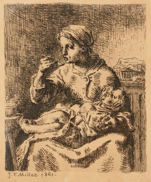 Jean-François MILLET (1814-1875)

La Bouillie. 1861. Eau-forte. 158 x 188. Delteil 17. Bonne épreuve sur vergé, rognée à l'intérieur du coup de planche, oxydée, collée sur feuillet de vergé. Cadre
