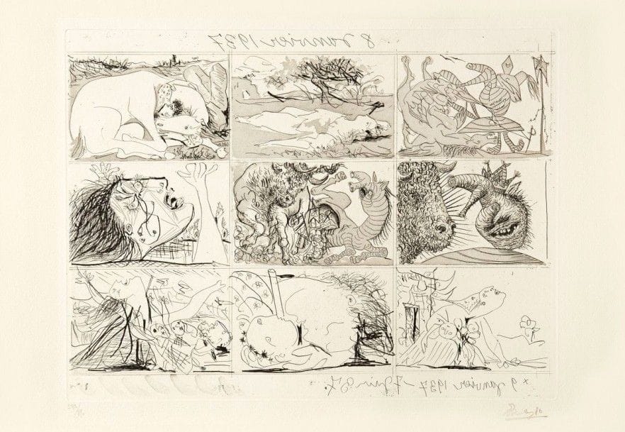 Pablo Picasso (1881-1973)

Sueño y mentira de Franco. 1937. Eau-forte et aquatinte. Chaque [565 x 385]. Bloch 297 et 298; Baer 615 II B e et 616 V B; Cramer 28. Réunion des 2 planches de 9 sujets chacune. Très belles et fraîches épreuves sur vergé de Montval, numérotées au crayon et revêtues du timbre humide gris de la signature (passé à une pl.). Très légère oxydation marginale à l'autre pl. Joint: feuillet de texte imprimé (manque la couverture rempliée illustrée et un feuillet de texte remplié). Tirage total à 1000 exemplaires
