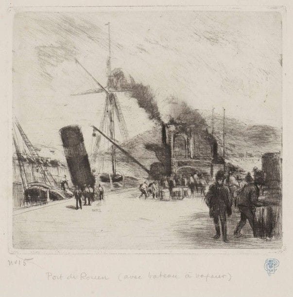 Camille PISSARRO (1830-1903)

Port de Rouen avec cheminées. 1885. Eau-forte et pointe sèche. 170 x 152. Delteil 57. Très belle épreuve du tirage posthume effectué en 1907, numérotée et titrée «Pont de Rouen (avec bateau à vapeur)» au crayon, timbrée (Lugt 613d). Quelques très claires rousseurs. Fin pli de tirage en travers du numéro. Toutes marges. Tirage total à environ 54 épreuves, dont seulement une quinzaine du vivant de l'artiste