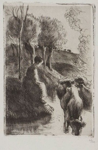 Camille PISSARRO (1830-1903)

Vachère au bord de l'eau. 1890. Eau-forte et pointe sèche. 132 x 198. Delteil 93. Très belle et fraîche épreuve sur vergé ancien azuré, les bords du cuivre très encrés, numérotée au crayon. Légère oxydation aux bords du feuillet et petit trou (d'origine) dans l'angle inférieur droit. Tirage à 100 épreuves, antérieur à celui de la Gazette des Beaux-Arts. Toutes marges. Timbre de l'atelier Pissarro (Lugt 2031a)