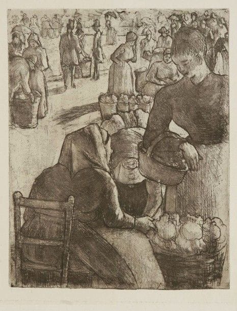 Camille PISSARRO (1830-1903)

Marché aux légumes, à Pontoise. 1891. Eau-forte, aquatinte et pointe sèche. 200 x 255. Delteil 97. Très belle et fraîche épreuve tirée en bistre sur vélin crème, du tirage posthume pour le tome XVII du Peintre-Graveur Illustré de L. Delteil. Trace claire d'oxydation et léger empoussiérage à l'ouverture d'un ancien montage