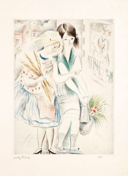 Mily Possoz (portugaise, 1888-1967)

Les Jeunes ménagères. 1930. Pointe sèche. 235 x 322. Impression en couleurs. Très belle épreuve sur vélin, signée et numérotée au crayon. Toutes marges. Tirage à 75 épreuves