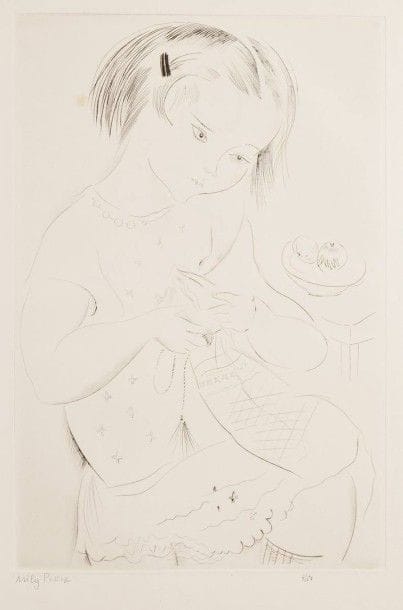 Mily Possoz (portugaise, 1888-1967)

Fillette cousant. 1930. Pointe sèche. 300 x 445. Très belle épreuve sur vélin blanc fort, signée et numérotée au crayon. Quelques rousseurs claires. Deux petits enfoncements au bord gauche. Toutes marges. Tirage à 50 épreuves
