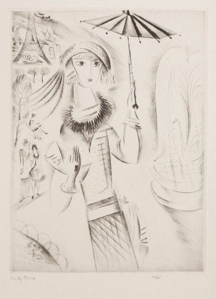 Mily Possoz (portugaise, 1888-1967)

Jeune fille à l'ombrelle. 1930. Pointe sèche. 235 x 320. Très belle épreuve sur vélin, signée et numérotée au crayon. Toutes marges. Tirage à 45 épreuves