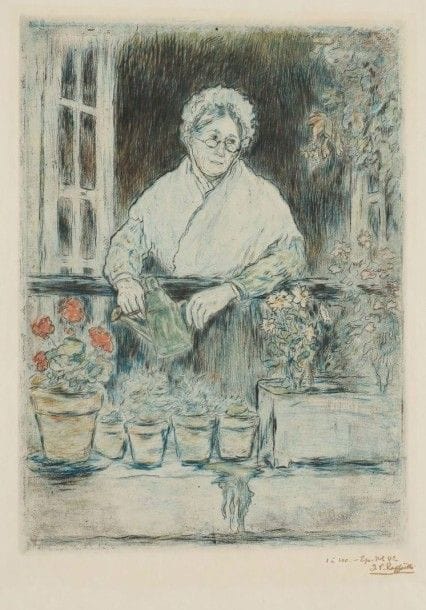 Jean-François RAFFAELLI (1850-1924)

Le Jardin de la vieille fille. 1894. Pointe sèche. 230 x 315. Impression en couleurs. Très belle et fraîche épreuve sur vélin mince, annotée «1 à 100 ? Ep. n° 42» et signée à la plume et à l'encre sépia. Deux traces de plis obliques dans l'angle supérieur droit, traversant légèrement le sujet. Toutes marges