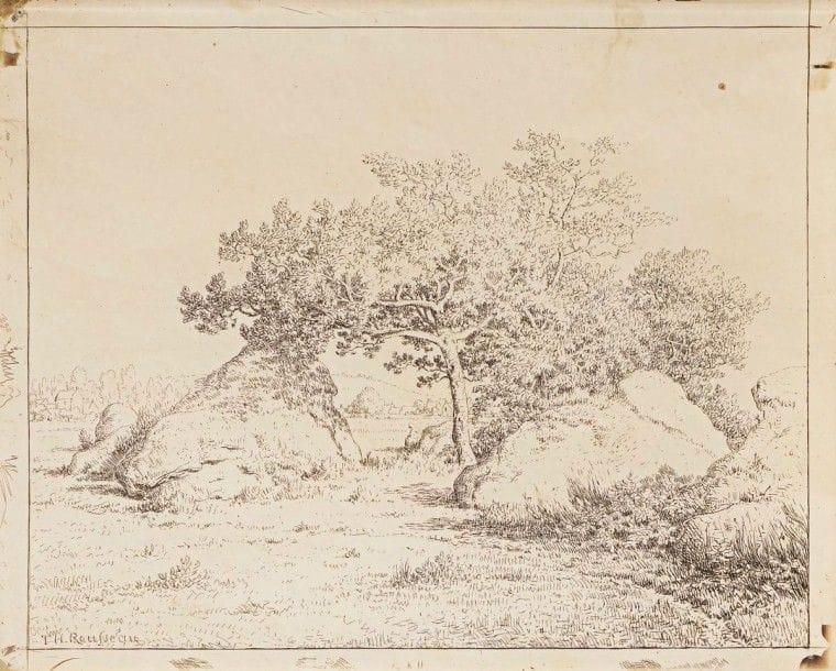 Théodore ROUSSEAU (1812-1867)

Le Cerisier de la Plante à Biau. Cliché-verre. [300 x 240]. Delteil 5. Belle épreuve du tirage effectué pour Maurice Le Garrec en 1921. Trous d'épingles dans les angles