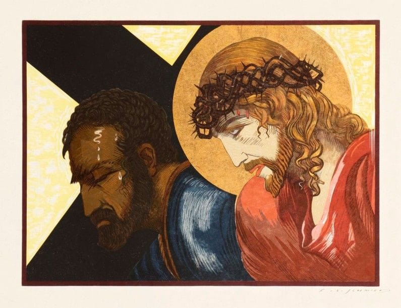 François-Louis SCHMIED (1873-1941)

Le Christ; Le Christ et Simon de Cyrène. Pl. pour Le Chemin de croix. Vers 1931. Gravure sur bois. 290 x 208. Impression en couleurs et à l'or. Très belles épreuves sur japon nacré, signées à la plume. Quelques infimes rousseurs visibles au verso. Toutes marges. Ens. 2 p