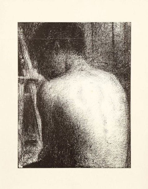 Georges Seurat (1859-1891)

Torse d'homme, vu de dos. Vers 1890 (?). Autographie (report d'un dessin sur zinc ?). 200 x 260. Belle épreuve sur vélin. Pli horizontal médian en travers du sujet en tête. Courts plis de manipulation en pied. Courte déchirure au bord droit, consolidée par de l'adhésif au verso. Toutes marges. Joint: Seurat peignant. Gillotage d'après une lithographie de Luce. Épreuve sur vélin mince glacé. Manques aux bords du feuillet. Ens. 2 p