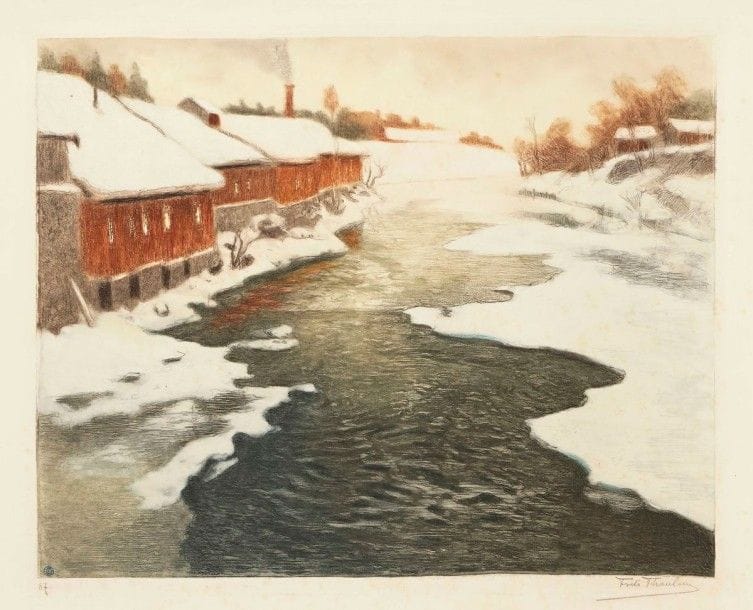 Frits THAULOW (1847-1906)

Hiver en Norvège. Vers 1901. Eau-forte et aquatinte. 608 x 490. Paulsson 3. Impression en couleurs. Belle épreuve sur vergé, numérotée et signée au crayon, timbrée par Delâtre (Lugt 742) dans l'angle inférieur gauche du sujet. Rousseurs claires éparses. Menus accidents, courts plis et oxydation aux bords du feuillet. Toutes marges. Timbre sec: Georges Petit éditeur