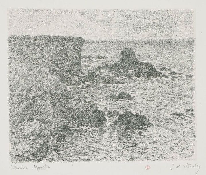 Georges William THORNLEY (1857-1935)

Les Écueils. Pl. pour Album de 20 lithographies d'après les tableaux de Claude Monet (Paris, Goupil, avant 1892). Lithographie d'après Claude Monet. 245 x 195. Très belle et fraîche épreuve tirée en vert sur chine appliqué, signée par Monet et par Thornley au crayon, revêtue du timbre rouge de Thornley (Lugt non décrit), et numérotée au composteur dans l'angle inférieur droit du feuillet. Timbre sec: Belfond & Cie imprimeur (Lugt 225d)