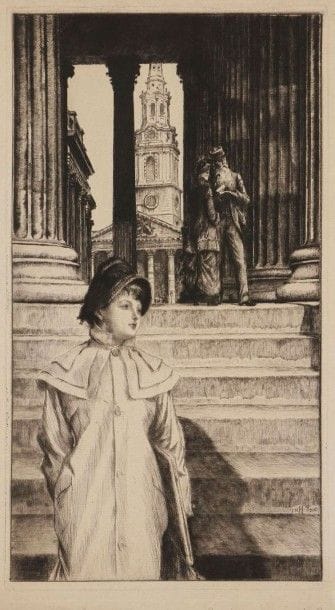 James-J.-J. Tissot (1836-1902)

Le Portique de la National Gallery à Londres. 1878. Eau-forte et pointe sèche. 210 x 380. Wentworth 40. Belle épreuve sur vergé. Deux courtes déchirures en pied. Rousseurs et empoussiérage aux bords des petites marges. Ex-coll. H.-M. Petiet