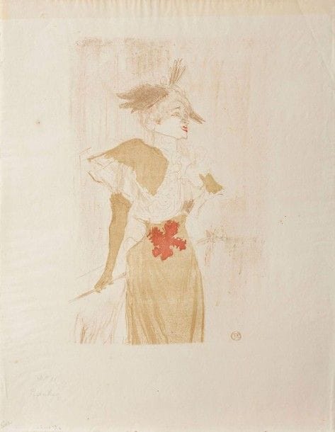 Henri de TOULOUSE-LAUTREC (1864-1901)

Mademoiselle Marcelle Lender debout. 1895. Lithographie. 235 x 360. Delteil 103; Wittrock 101. Impression en couleurs. Très belle épreuve sur vélin mince, numérotée et signée au crayon. Fine bande d'oxydation en tête au recto. Quelques infimes rousseurs hors du sujet. Pli souple oblique dans l'angle supérieur droit. Oxydation au recto. Toutes marges. Très rare. Tirage à 12 épreuves (dont 9 dans des collections publiques