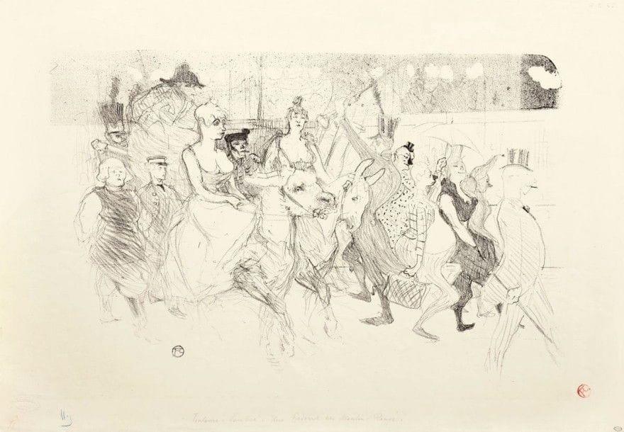 Henri de TOULOUSE-LAUTREC (1864-1901)

Une redoute au Moulin Rouge. 1893. Lithographie. 460 x 300. Delteil 65; Wittrock 42. Très belle et fraîche épreuve sur vélin blanc, revêtue du timbre rouge de l'artiste (Lugt 1338) et numérotée au crayon bleu en pied. Timbre sec: Ed. Kleinmann Paris (Lugt 1573). Infimes traces de plis dans l'angle supérieur droit. Toutes marges. Ex-coll. Roger Marx (Lugt 2229). Rare. Tirage à 50 épreuves (dont 13 dans des collections publiques selon Wittrock)