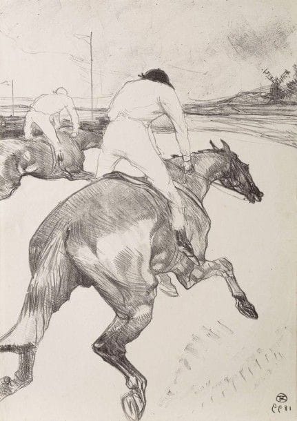 Henri de TOULOUSE-LAUTREC (1864-1901)

Le Jockey. 1899. Lithographie. 362 x 516. Delteil 279; Wittrock 308. Très belle et fraîche épreuve, l'une des 70 tirées en noir sur chine volant, tirée pleines marges comme à l'ordinaire. Traces de plis et courte déchirure au bord inférieur gauche