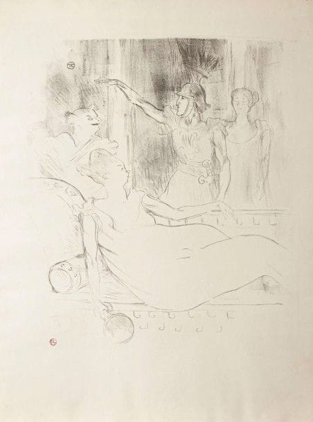 Henri de TOULOUSE-LAUTREC (1864-1901)

Madame Simon-Girard, Brasseur et Guy dans «La Belle Hélène». 1900. Lithographie. 455 x 545. Delteil 114; Wittrock 331. Très belle et fraîche épreuve sur vélin blanc, revêtue du timbre rouge de l'artiste (Lugt 1338). Toutes marges. Rare. Tirage à 30 épreuves (dont 14 dans des collections publiques selon Wittrock)