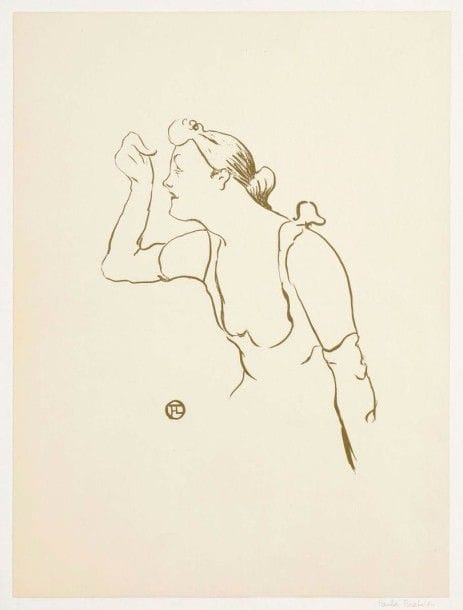 Henri de TOULOUSE-LAUTREC (1864-1901)

Paula Brébion. (Pl. pour Le Café-Concert). 1893. Lithographie. 197 x 262. Delteil 30; Wittrock 20. Impression en vert olive. Très belle épreuve sur vélin glacé ivoire, finement entoilée. Toutes marges