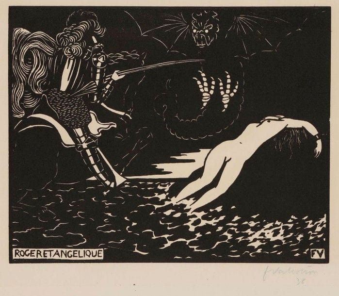 Félix VALLOTTON (1865-1925)

Roger et Angélique. 1896. Bois gravé. 224 x 179. Vallotton et Goerg 168. Très belle épreuve sur vélin crème, signée et numérotée au crayon bleu. Légère trace d'insolation à l'ouverture d'un ancien montage. Toutes marges. Ex-coll. H.-M. Petiet