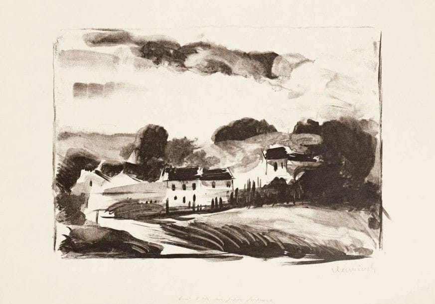 Maurice de Vlaminck (1876-1958)

Verville, les peupliers. 1924. Lithographie. 355 x 250. Walterskirchen 176; Verney et Lemaresquier 139. Très belle épreuve sur japon impérial, signée au crayon puis annotée en pied par l'éditeur «Essai 5 épr sur Japon impérial». Court pli cassé dans l'angle inférieur droit. Reste d'onglet de montage en tête au verso. Toutes marges