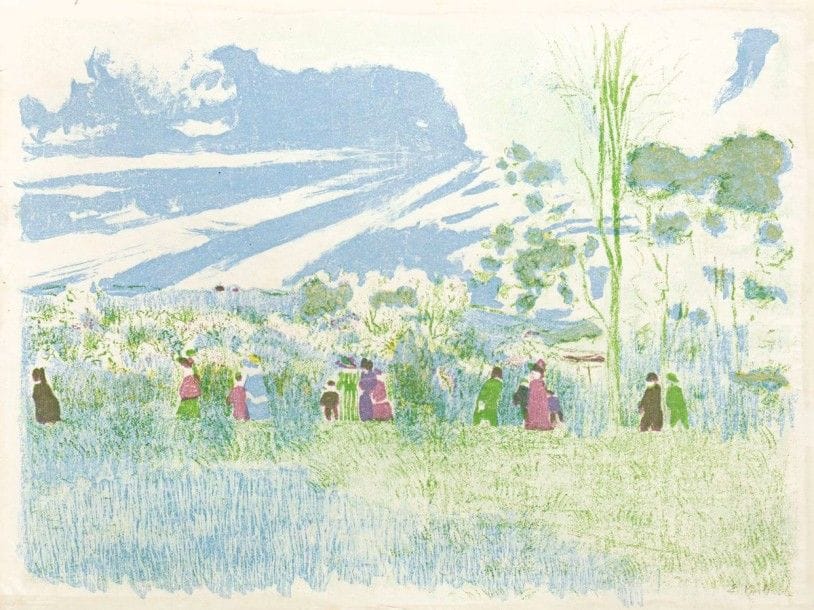 Edouard VUILLARD (1868-1940)

À travers champs. (Pl. pour Paysages et Intérieurs). 1899. Lithographie. 345 x 260. Roger-Marx 34; U. Johnson, Ambroise Vollard éditeur, Prints, Books, Bronzes, New York, The Museum of Modern Art, 1977, n° 155-3. Très belle épreuve sur chine volant, signée au crayon. Fine bande claire de colle aux bords du feuillet au verso, partiellement visible au recto. Deux courtes déchirures au bord gauche. Marges étroites [366 x 275]