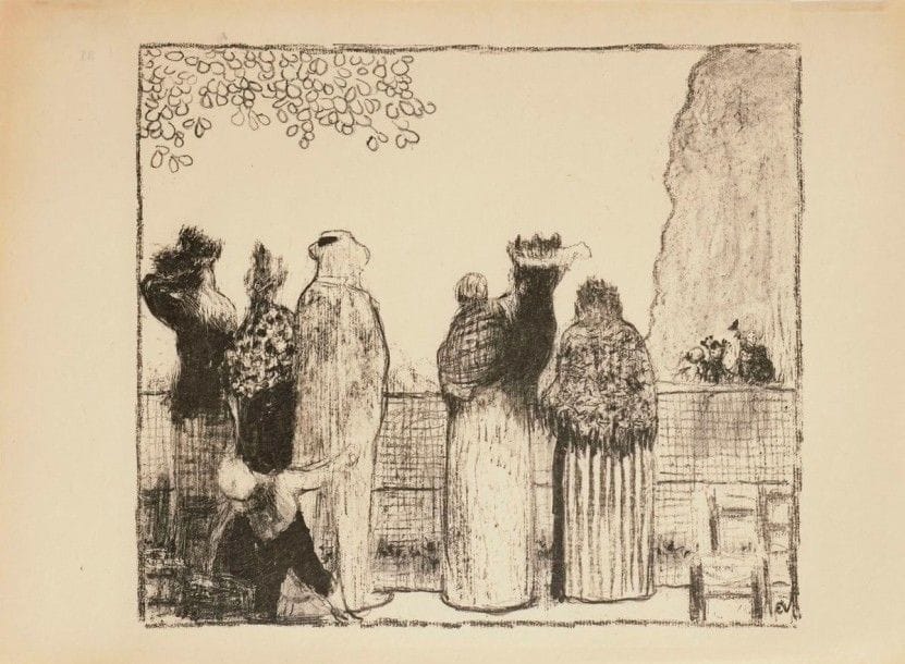 Edouard VUILLARD (1868-1940)

Croquis (Les Tuileries). 1895. Lithographie. Roger-Marx 27; A. et A. Bonafous-Murat, Maurice Dumont et L'Épreuve, 247. Très belle épreuve sur vélin mince jaunâtre, du tirage à 225 épreuves pour L'Épreuve, album d'art, numérotée au composteur au verso. Petits arrachements dans l'angle inférieur gauche. Toutes marges