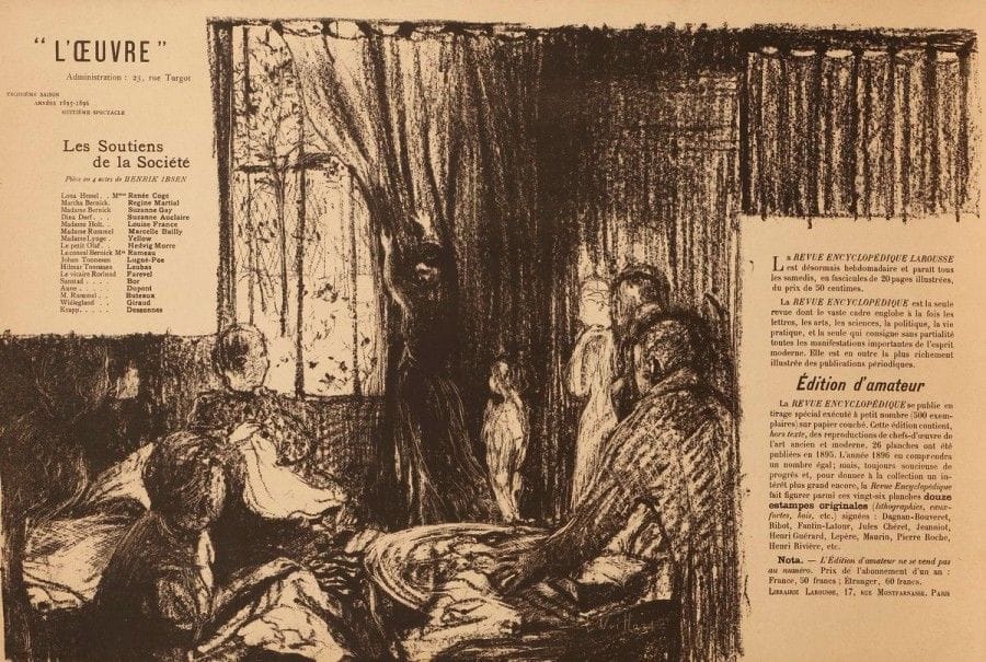 Edouard VUILLARD (1868-1940)

Les Soutiens de la société, pièce en 4 actes de Henrik Ibsen. Programme pour le théâtre de l'?uvre. 1896. Lithographie. [562 x 380 et 500 x 325]. Roger-Marx 24; Aitken 85. Réunion de 2 belles épreuves, la 1re sur vélin glacé blanc, avant le texte de la distribution et avant la réclame pour la Revue encyclopédique, la 2e sur vélin mince chamois, avec la lettre. Larges rousseurs claires à la 1re. Toutes marges. Ens. 2 p