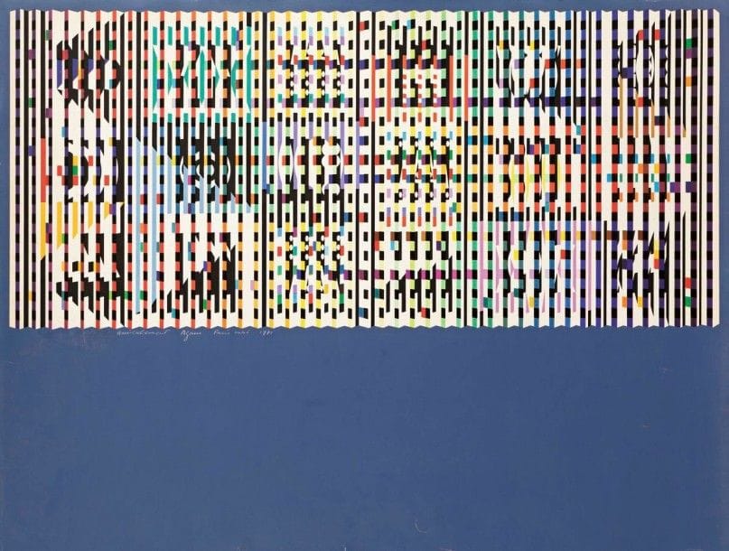 Yaacov Agam (Jacob Gipstein, dit) (israélien, né en 1928)

Composition cinétique. 1971. Sérigraphie en couleurs. [675 x 515]. Très belle épreuve sur vélin fort, annotée à l'encre blanche «amicalement Agam Paris mai 1971». Justificatif de tirage imprimé en pied au verso. Légères traces de frottement (nom du dédicataire effacé) et rousseurs claires. Courtes déchirures en pied. Toutes marges. Tirage définitif à 200 épreuves