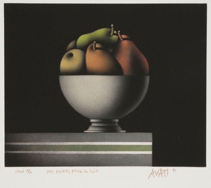 Mario AVATI (1921-2009)

Des Poires pour la soif. 1974. Manière noire. 292 x 236. Impression en couleurs. Parfaite épreuve sur vélin, annotée «essai», numérotée, titrée, signée et datée au crayon brun. Toutes marges