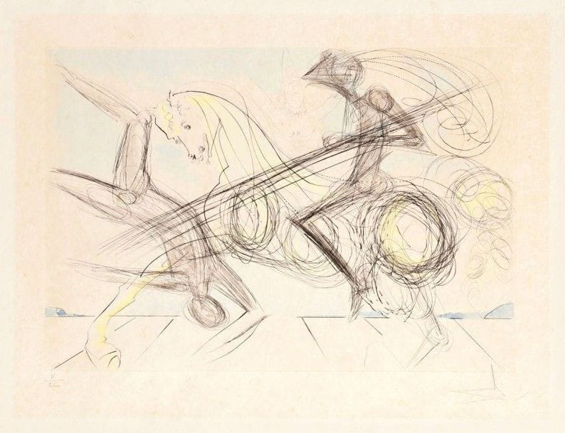 Salvador DALI (1904-1989)

Le Grand tournoi. 1973. Pointe sèche et coloris au pochoir. 600 x 410. Michler et Löpsinger 587. Très belle épreuve sur japon nacré, numérotée en chiffres romains et revêtue d'une signature au crayon. Légères rousseurs éparses. Trace d'oxydation à l'ouverture du passe-partout. Toutes marges. Vision Nouvelle éd