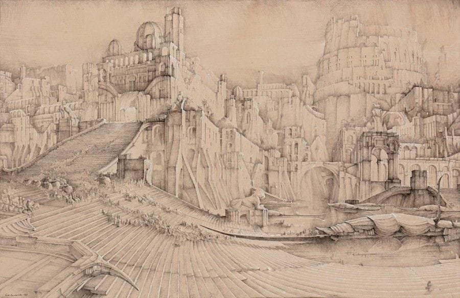 Érik DESMAZIÉRES (né en 1948)

La Grande pirogue. 1979. Dessin. Plume et encre de Chine avec rehauts de gouache blanche sur vélin teinté chamois. À vue: 595 x 390. Signé et daté en bas à gauche. Cadre