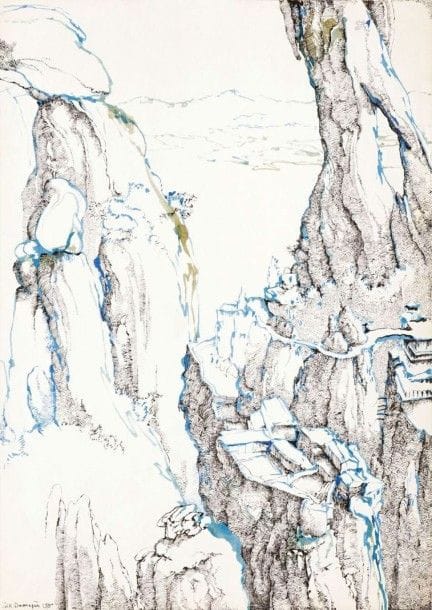 Érik DESMAZIÉRES (né en 1948)

Ville rocheuse. 1975. Dessin. Plume et encre de Chine avec rehauts de gouache bleue sur vélin mince blanc. 210 x 297. Signé et datée en bas à gauche