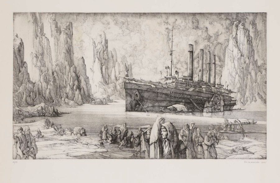 Érik DESMAZIÉRES (né en 1948)

Le Débarquement. 1975. Eau-forte. 515 x 295. Fitch 18. Très belle épreuve sur vélin, numérotée, signée et datée au crayon. Légère oxydation du feuillet. Trace jaunâtre plus marquée dans les lointains à gauche. Toutes marges. Tirage à 90 épreuves