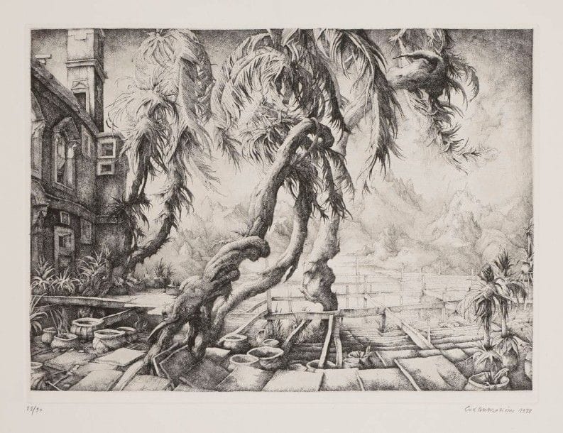 Érik DESMAZIÉRES (né en 1948)

Jardin en Italie. 1978. Eau-forte. 295 x 220. Fitch 31. Parfaite épreuve sur vélin, numérotée, signée et datée au crayon. Toutes marges. Tirage à 90 épreuves