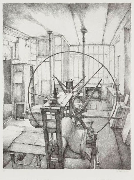 Érik DESMAZIÉRES (né en 1948)

L'Atelier René Tazé. 1979. Eau-forte. 520 x 670. Fitch 48. Parfaite épreuve sur vélin, numérotée, signée et datée au crayon. Toutes marges. Tirage à 90 épreuves