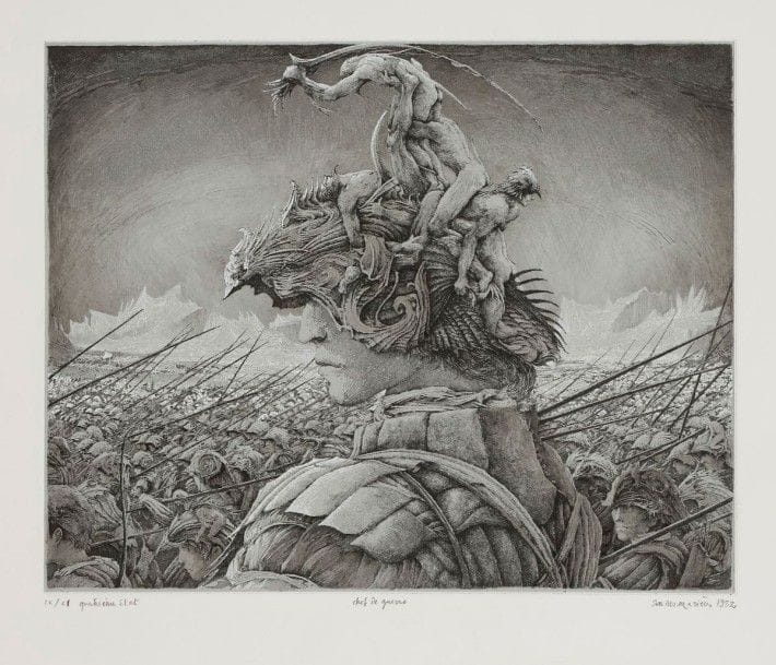 Érik DESMAZIÉRES (né en 1948)

Chef de guerre. 1982. Eau-forte et aquatinte. 247 x 197. Fitch 70. Parfaite épreuve sur bulle bleu-gris appliqué, rehaussée de gouache blanche et de lavis d'encre de Chine, numérotée en chiffres romains, annotée «quatrième état», titrée, signée et datée au crayon. Toutes marges. Tirage définitif à 30 épreuves environ