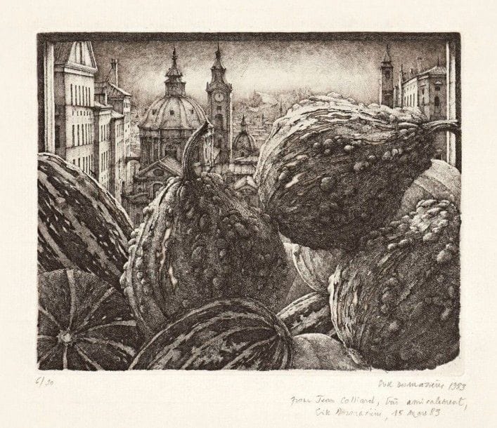 Érik DESMAZIÉRES (né en 1948)

Coloquintes. 1983. Eau-forte. 160 x 127. Fitch 72. Très belle épreuve sur vergé ancien mince, numérotée, signée et datée au crayon puis dédicacée et datée «15 mars 1983». Rousseurs claires éparses. Tirage définitif à 90 épreuves