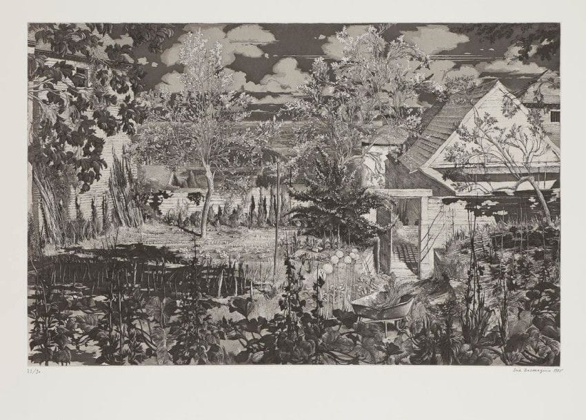 Érik DESMAZIÉRES (né en 1948)

Potager en Bourgogne. 1985. Eau-forte, aquatinte et roulette. 495 x 315. Fitch 81. Parfaite épreuve sur vélin blanc, numérotée, signée et datée au crayon. Toutes marges. Tirage à 90 épreuves