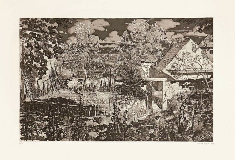 Érik DESMAZIÉRES (né en 1948)

Potager en Bourgogne. 1985. Eau-forte, aquatinte et roulette. 495 x 315. Fitch 81. Belle épreuve sur vélin blanc, numérotée, signée et datée au crayon. Plusieurs fins longs plis cassés marginaux. Toutes marges. Tirage à 90 épreuves