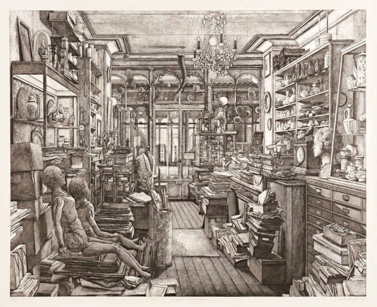 Érik DESMAZIÉRES (né en 1948)

Le Magasin de Robert Capia. 2008. Eau-forte, roulette et aquatinte. 895 x 713. Fitch 205. Très belle épreuve sur vélin, numérotée, titrée, signée et datée au crayon. Traces de plis aux bords du feuillet (l'épreuve ayant été roulée). Toutes marges. Tirage à 90 épreuves