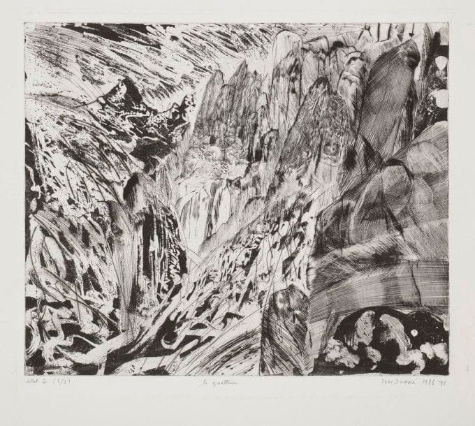Yves Doaré (né en 1943)

Le Guetteur. 1988-1991. Eau-forte, pointe sèche et aquatinte. 355x 295. Réunion de deux très belles épreuves sur vélin, des 2e et 7e états, annotées, titrées, signées et datées au crayon. Traces d'empreintes digitales et petites salissures au verso et aux bords des feuillets. Toutes marges
