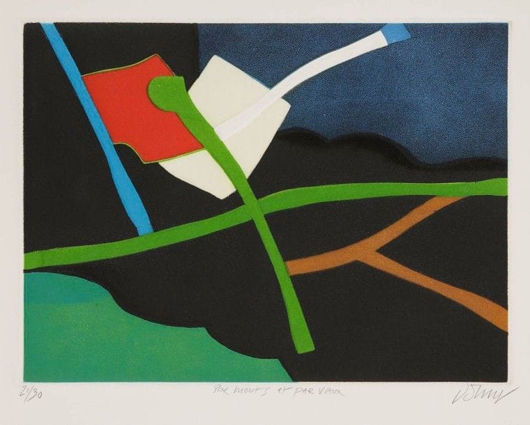 Bertrand DORNY (né en 1931)

Par monts et par vaux. 1983. Aquatinte et eau-forte sur zincs découpés assemblés. 360 x 270. Impression en couleurs. Parfaite épreuve sur vélin, numérotée, titrée et signée au crayon. Toutes marges. Tirage à 30 épreuves. Timbre sec: La Hune éd