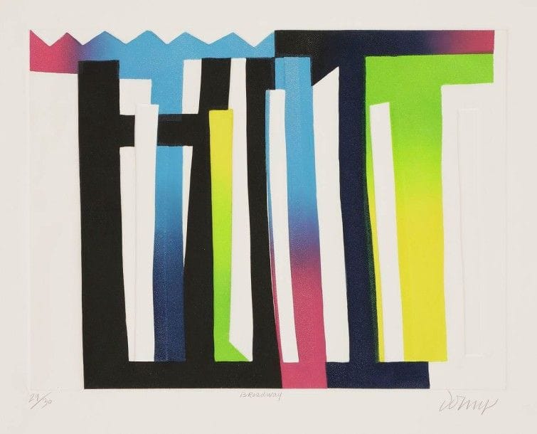 Bertrand DORNY (né en 1931)

Broadway. 1988. Aquatinte sur zincs découpés assemblés. 393 x 297. Impression en couleurs. Parfaite épreuve sur vélin, numérotée, titrée et signée au crayon. Toutes marges. Tirage à 30 épreuves. Timbre sec: La Hune éd