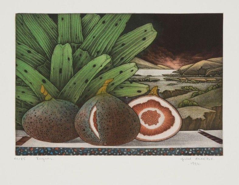 Michel ESTEBE (né en 1954)

Nocturne; Paysage; Fruits rouges et citrouilles; Pastèques et autres petits fruits; Figues. 1986-1994. Eau-forte; Manière noire. Formats divers. Parfaites épreuves sur vélin, 3 tirées en couleurs, numérotées, titrées, signées et datées au crayon. Toutes marges. Ens. 5 p