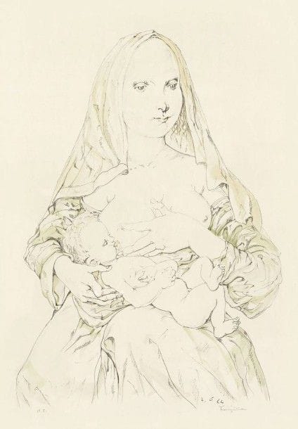 Léonard-Tsuguharu Foujita (1886-1868)

Vierge donnant le sein à l'Enfant. 1964. Lithographie. 320 x 455. Impression en couleurs. Très belle épreuve sur vélin, revêtue d'une justification et d'une signature au crayon. Marges. Cadre