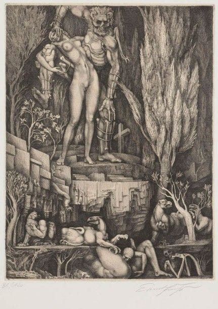 Ernst Fuchs (autrichien, né en 1930)

Der Tanz mit dem Tod (La Danse avec la Mort). 1973. Eau-forte. 298 x 395. Parfaite épreuve sur japon mince appliqué, numérotée et signée au crayon. Toutes marges. Tirage à 120 épreuves