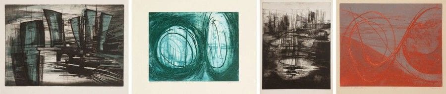 Terry Haas (Tereza Haas, dite) (née en Tchécoslovaquie en 1923)

Gravitational interaction; The Sea; Voiles du Nord; Route du Petrol [sic]. Gravure. Formats divers. Très belles épreuves sur vélin, 3 imprimées en couleurs, titrées, justifiée sou numérotées et signées au crayon. Toutes marges. Ens. 4 p