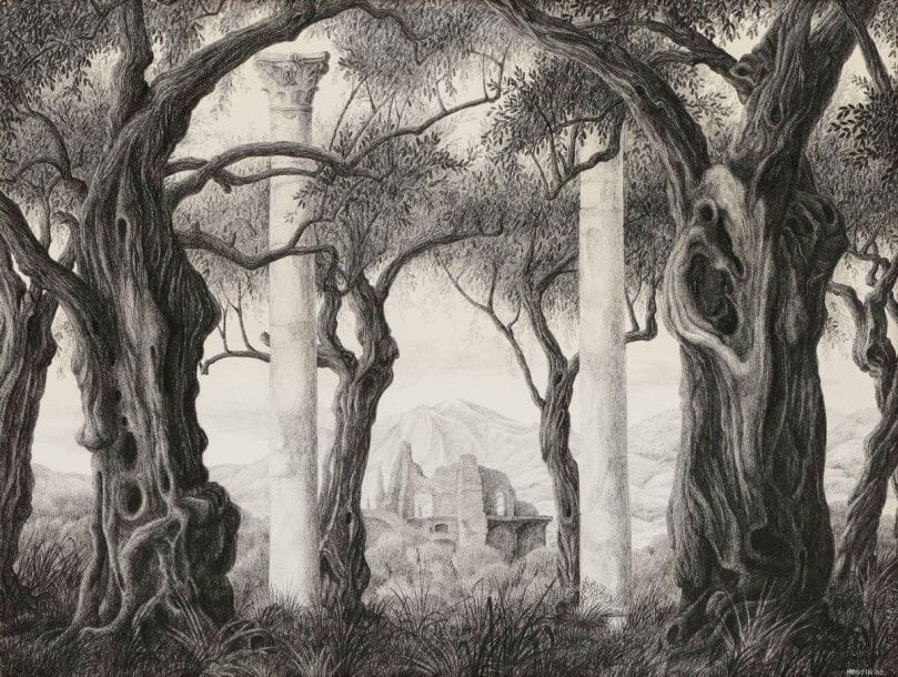 François HOUTIN (né en 1950)

Ruines dans la campagne. 1982. Dessin. Mine de plomb et pierre noire sur vélin blanc. [380 x 290]. Signé et daté en bas à droite à la gouache blanche