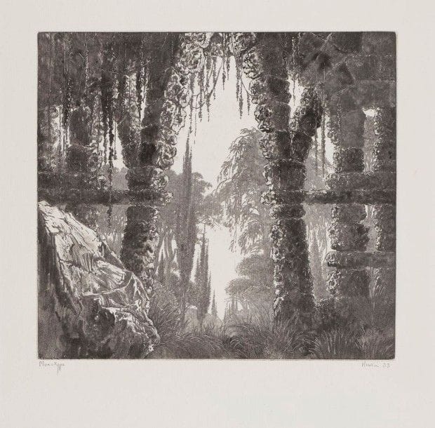 François HOUTIN (né en 1950)

Paysage lacustre. 1993. Monotype. 225 x 205. Parfaite épreuve sur vergé blanc mince, annotée, signée et datée au crayon. Toutes marges