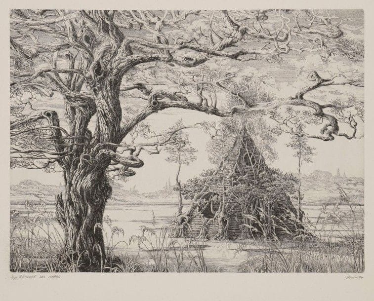 François HOUTIN (né en 1950)

Demeure des marais. 2004. Eau-forte. 395 x 295. Très belle épreuve sur vergé mince filigrané «MLG», numérotée, titrée, signée et datée au crayon. Traces de plis au bord droit. Toutes marges. Tirage à 80 épreuves