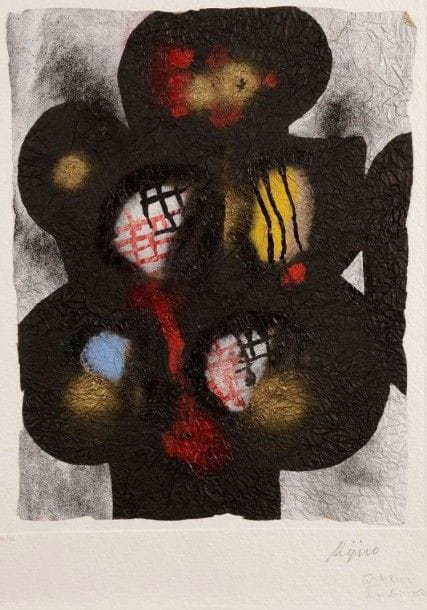 Ladislas Kijno (polonais, 1921-2012)

Quadrille. Lithographie en couleurs sur papier froissé avec rehauts de gouache collée sur papier chiffon fort. 480 x 595. Parfaite épreuve numérotée et signée au crayon. Toutes marges. Tirage à 75 épreuves